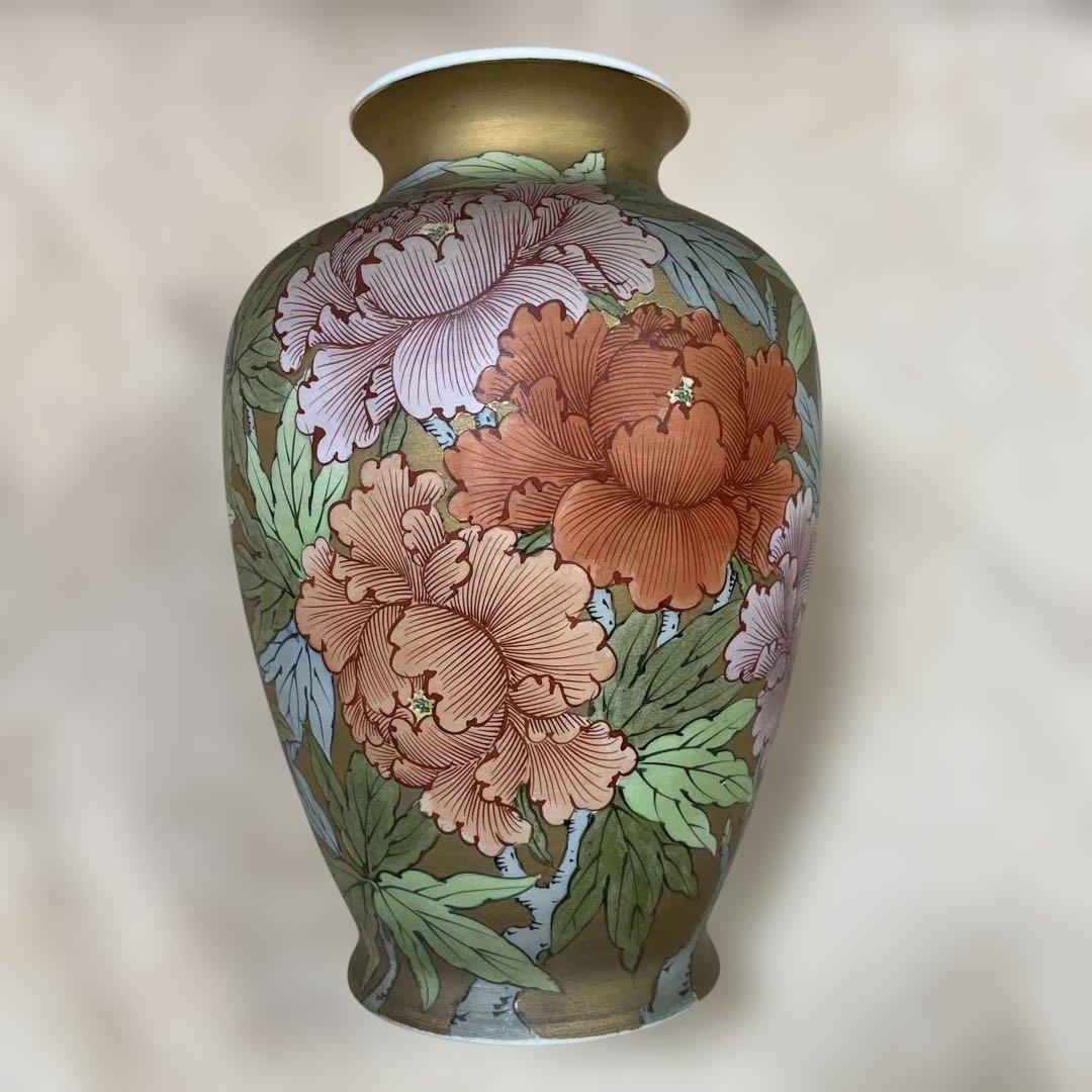 有田焼 憲山窯 金濃色絵牡丹文 大花瓶 飾壷 高30cm