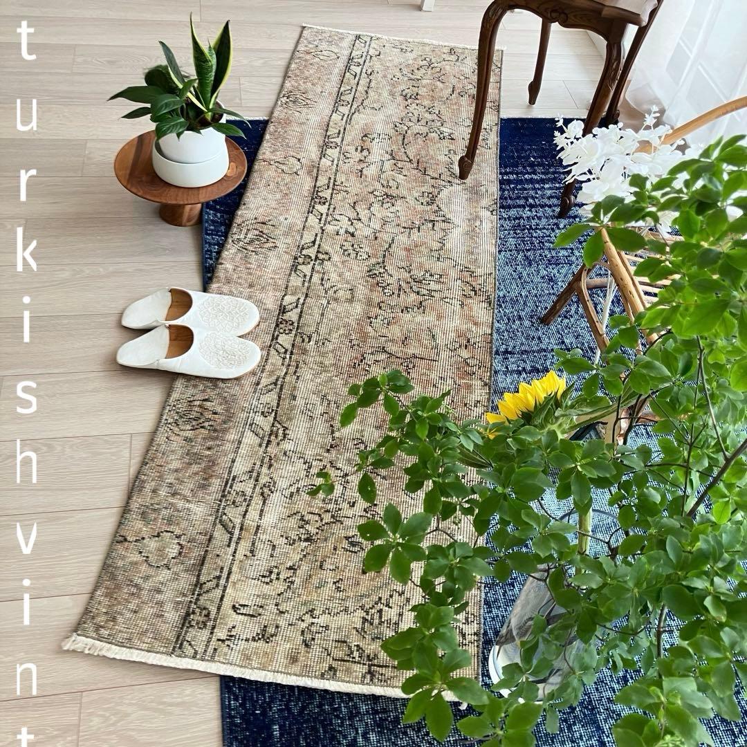 ペールベージュピンク58×189フラワーライン　ランナー　トルコヴィンテージラグ