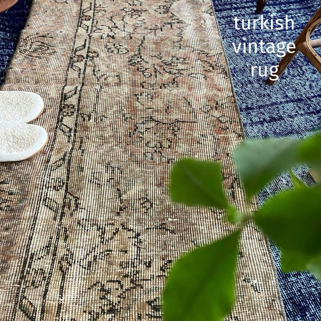 ペールベージュピンク58×189フラワーライン　ランナー　トルコヴィンテージラグ