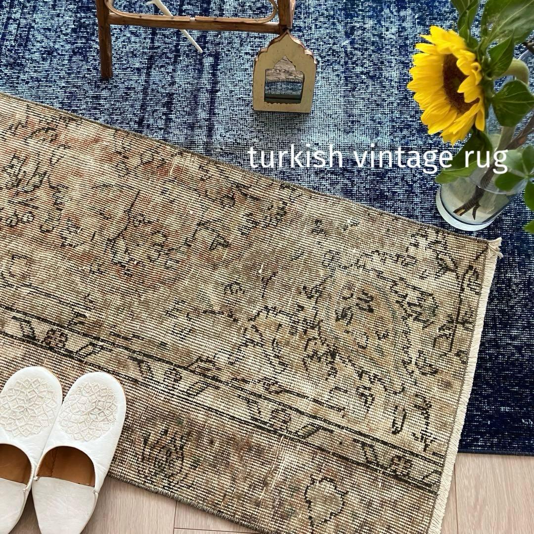 ペールベージュピンク58×189フラワーライン　ランナー　トルコヴィンテージラグ