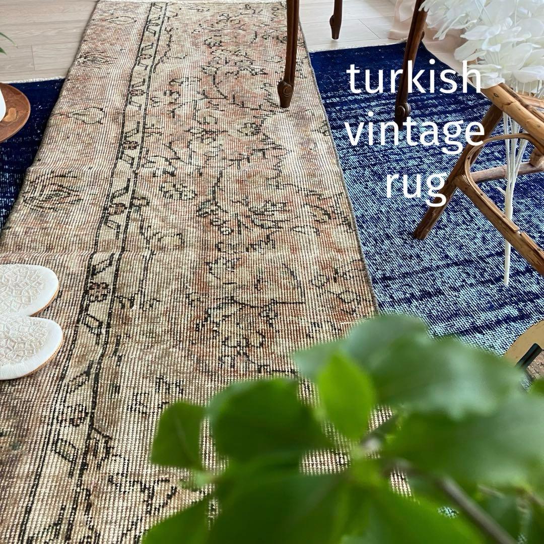 ペールベージュピンク58×189フラワーライン　ランナー　トルコヴィンテージラグ