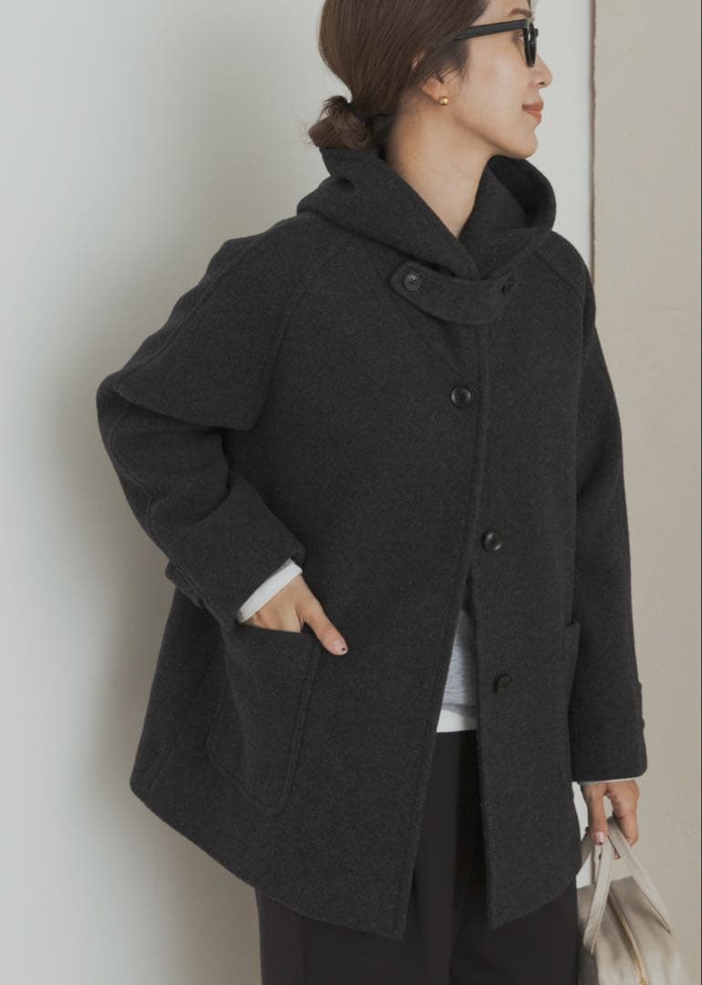 新品　エアリーウールフードコート　杢CHARCOAL