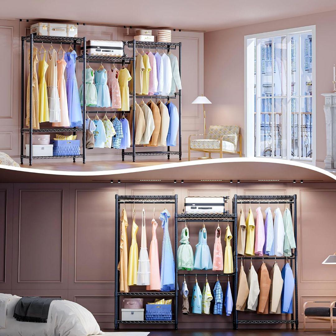 ハンガーラック 金属製 棚付き 突っ張り式 ブラック 幅180 高194