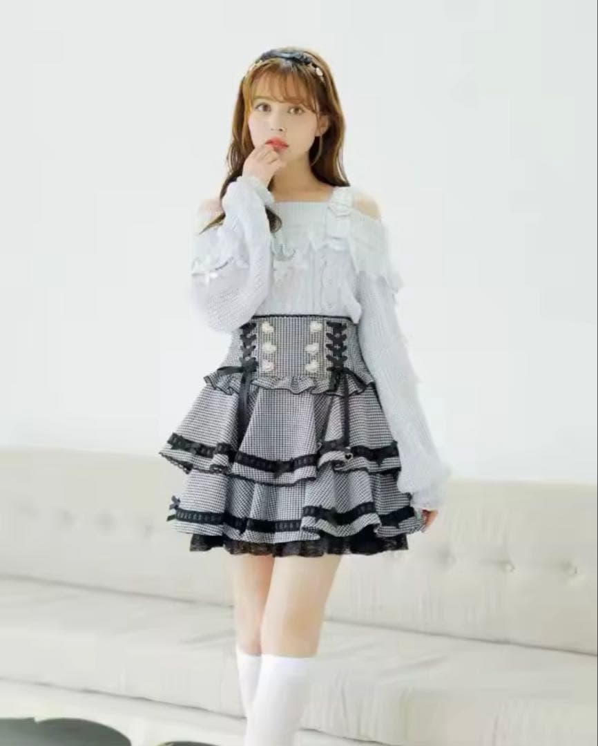 リズリサ はしごリボンチェックティアー ドスカパン ブラック×ホワイト♡