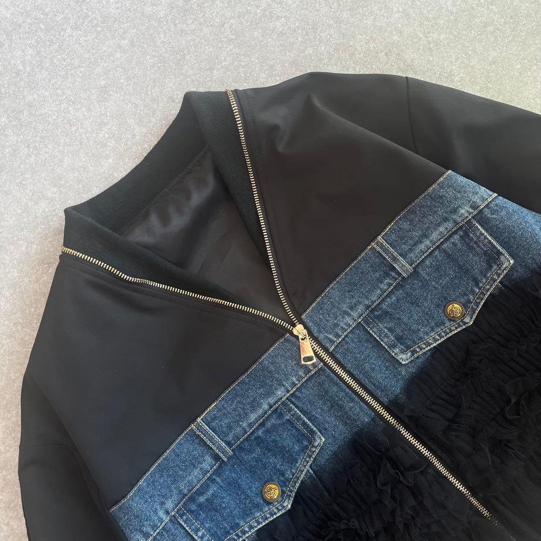 ドッキングジャケット デニムブルゾン フリル 短丈 異素材 黒 F MA-1