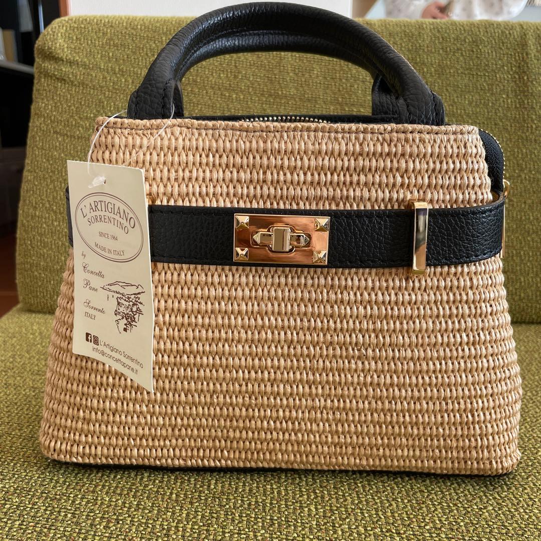 L’ARTIGIANO かごバッグ ベージュ ブラック イタリア製
