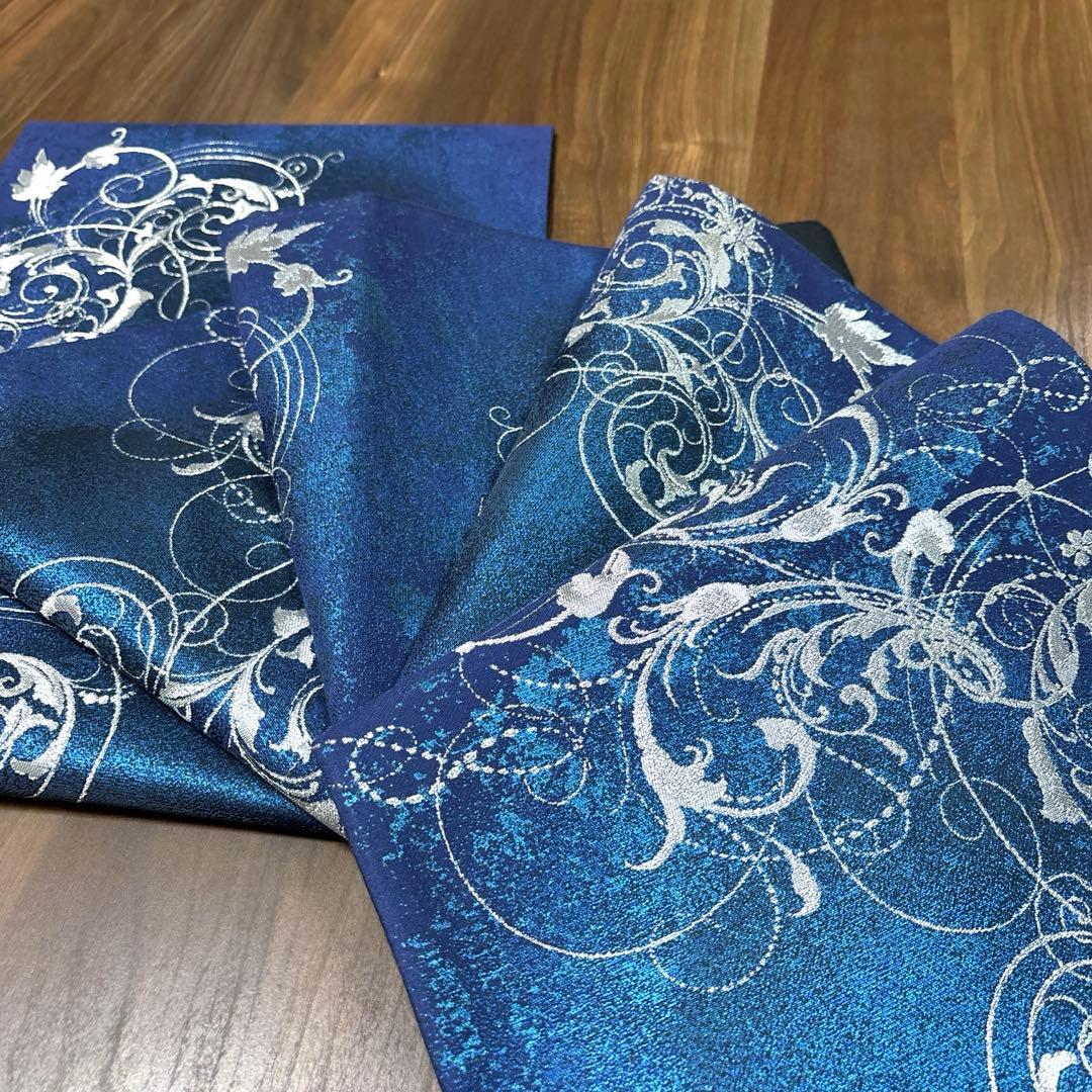 新品未使用 正絹 六通袋帯 西陣織【銀青 唐草】