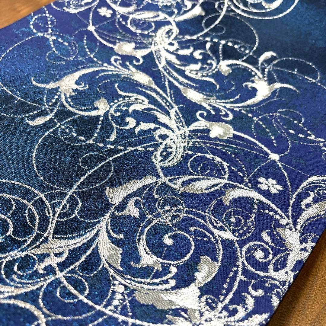 新品未使用 正絹 六通袋帯 西陣織【銀青 唐草】
