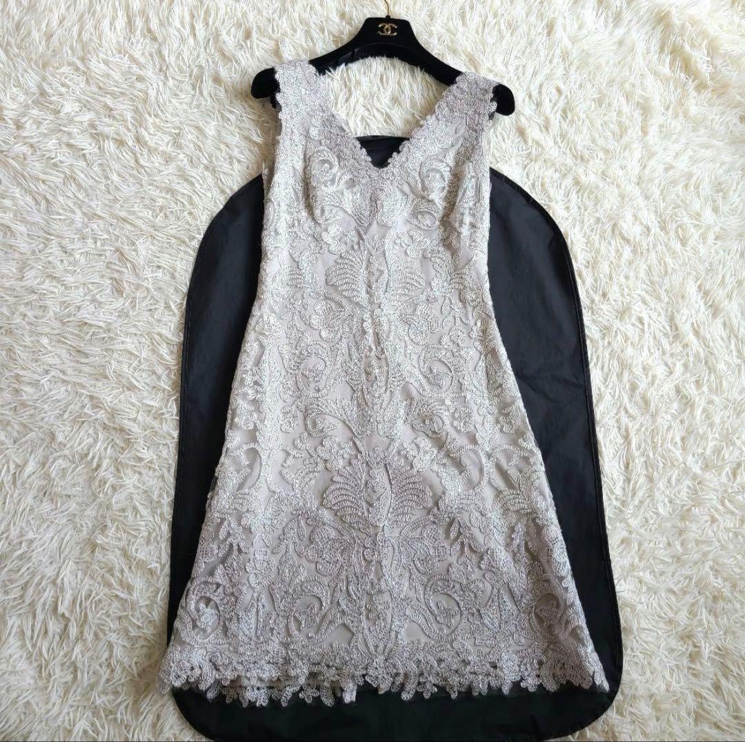 ほぼ未使用 タダシショージ ドレス 総柄 刺繍 レース チュール ストレッチ