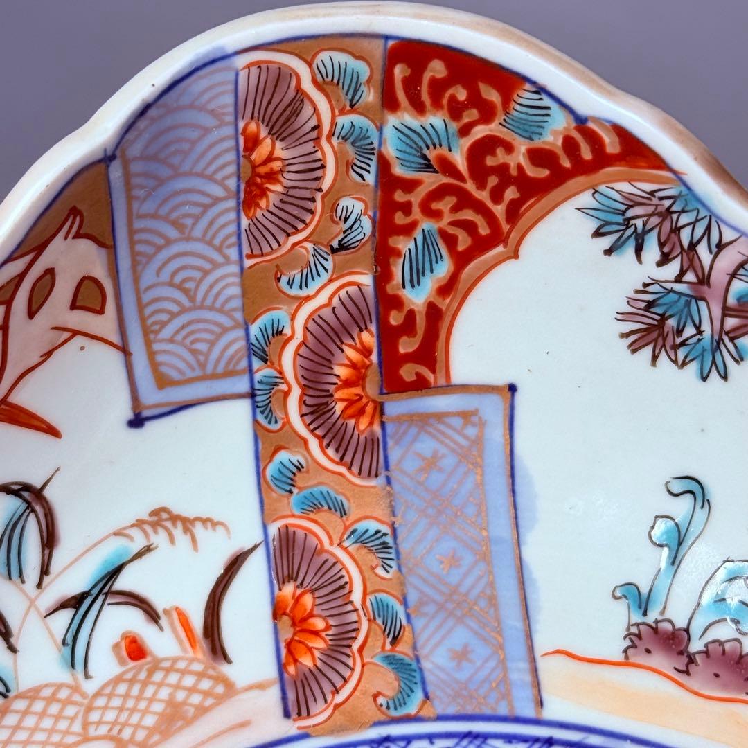 古伊万里　色絵風景画人物図三ツ鉢揃　二重四ツ足高台　四角鉢　珍品　古美術