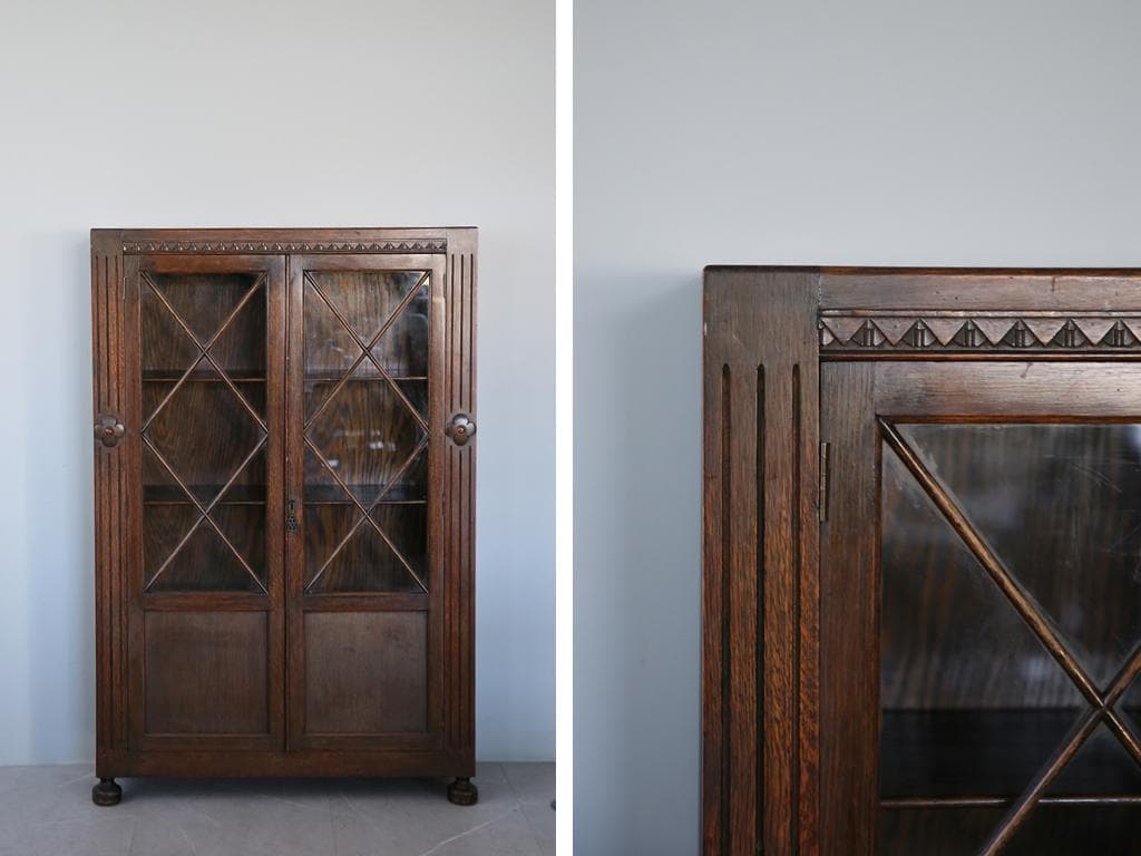 英国アンティーク木製ブックケースキャビネット/本棚/食器棚/飾り棚(92-155