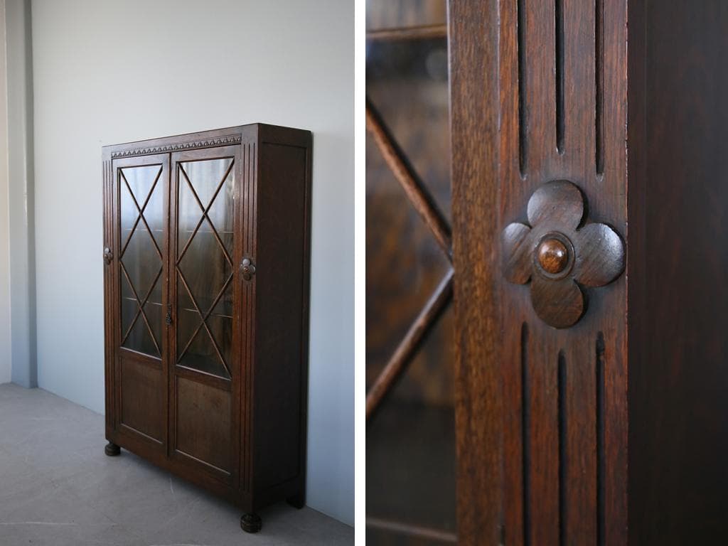 英国アンティーク木製ブックケースキャビネット/本棚/食器棚/飾り棚(92-155