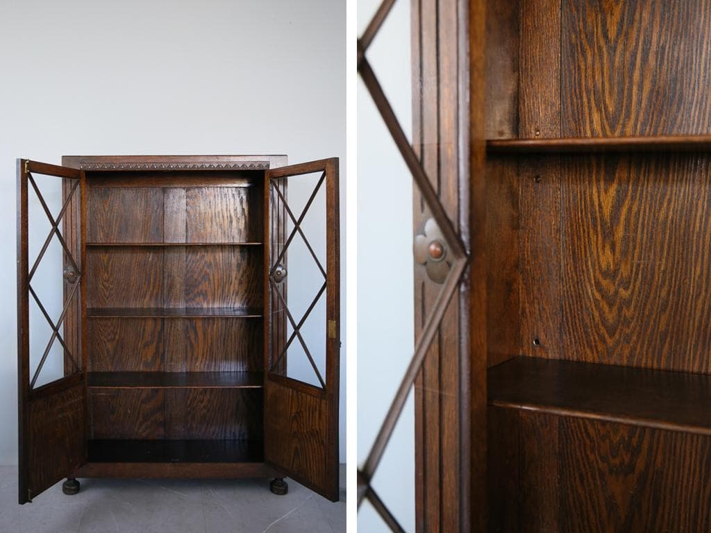 英国アンティーク木製ブックケースキャビネット/本棚/食器棚/飾り棚(92-155