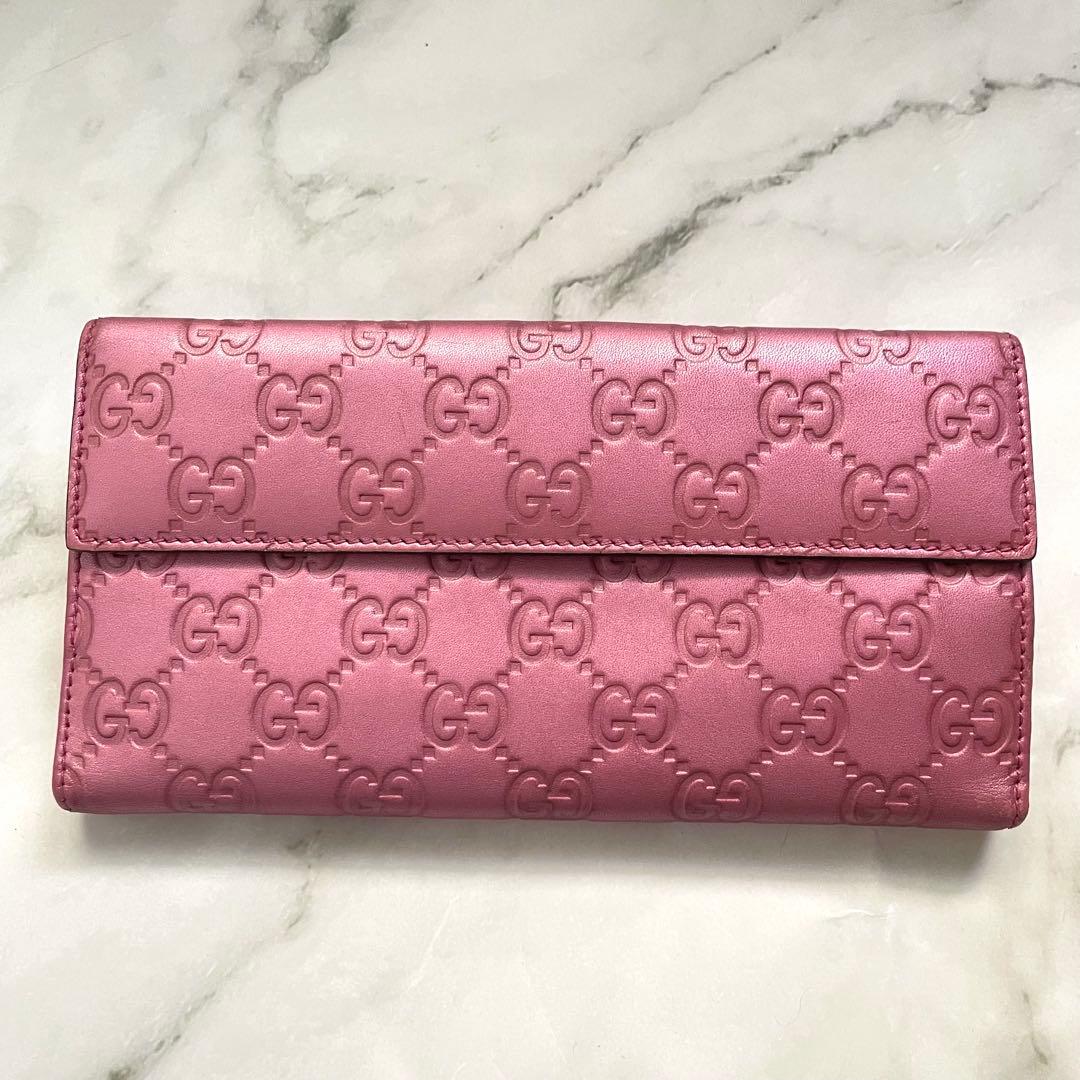 GUCCI グッチ　ラブリーハート シマレザー ピンク 長財布　美品0127-①