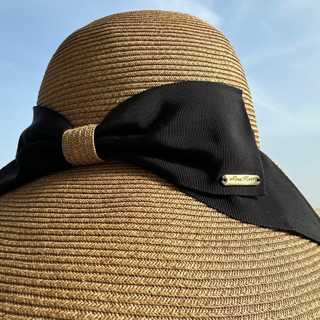 美品　芦屋ロサブラン　麦わら帽子　リボン　Mサイズ　つば広　完全遮光