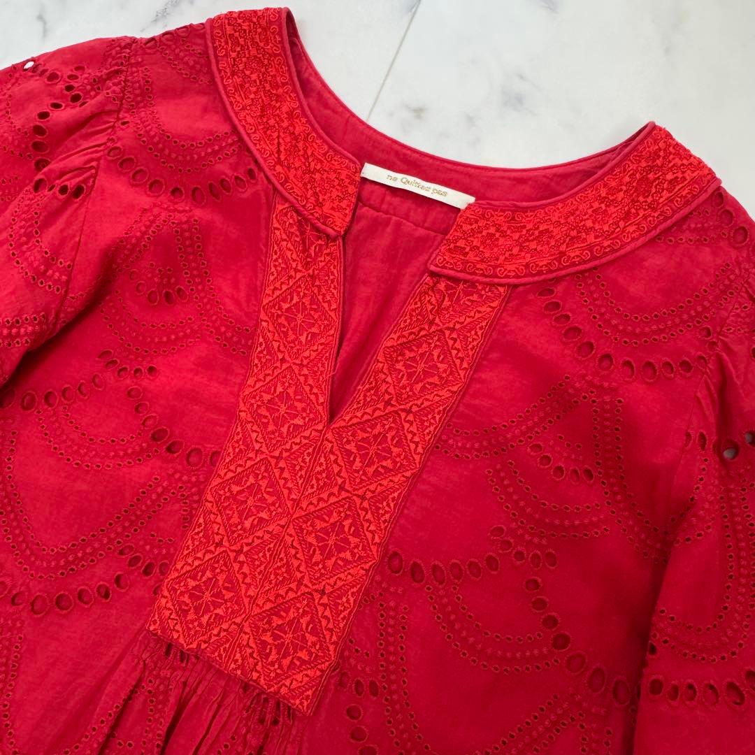 ヌキテパ コットン ボイル ドットヘムラ レース ワンピース マキシ丈 紅 近年