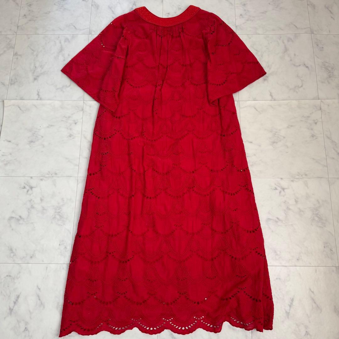 ヌキテパ コットン ボイル ドットヘムラ レース ワンピース マキシ丈 紅 近年