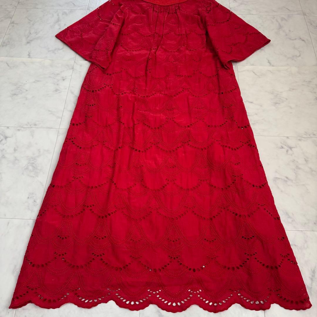 ヌキテパ コットン ボイル ドットヘムラ レース ワンピース マキシ丈 紅 近年