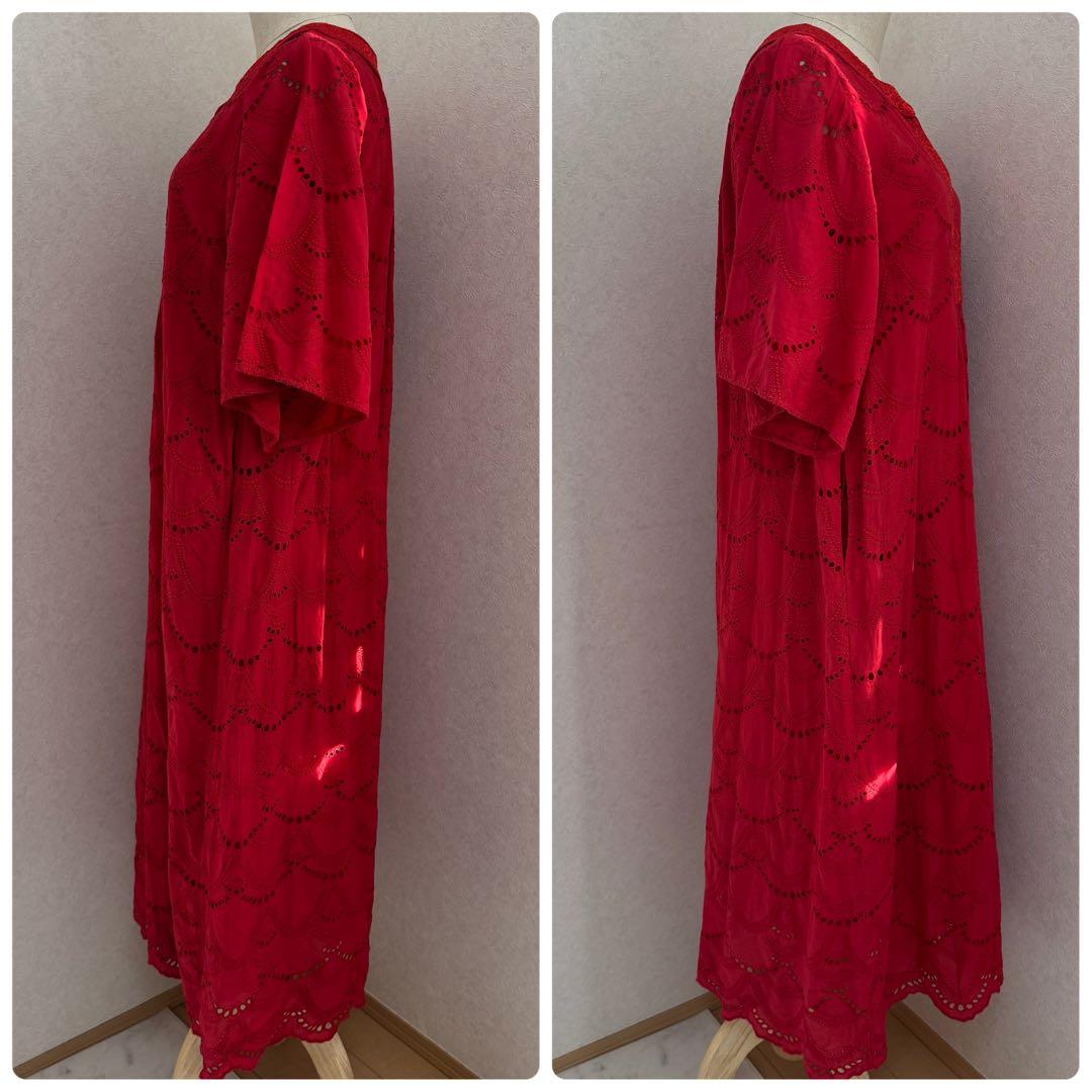 ヌキテパ コットン ボイル ドットヘムラ レース ワンピース マキシ丈 紅 近年