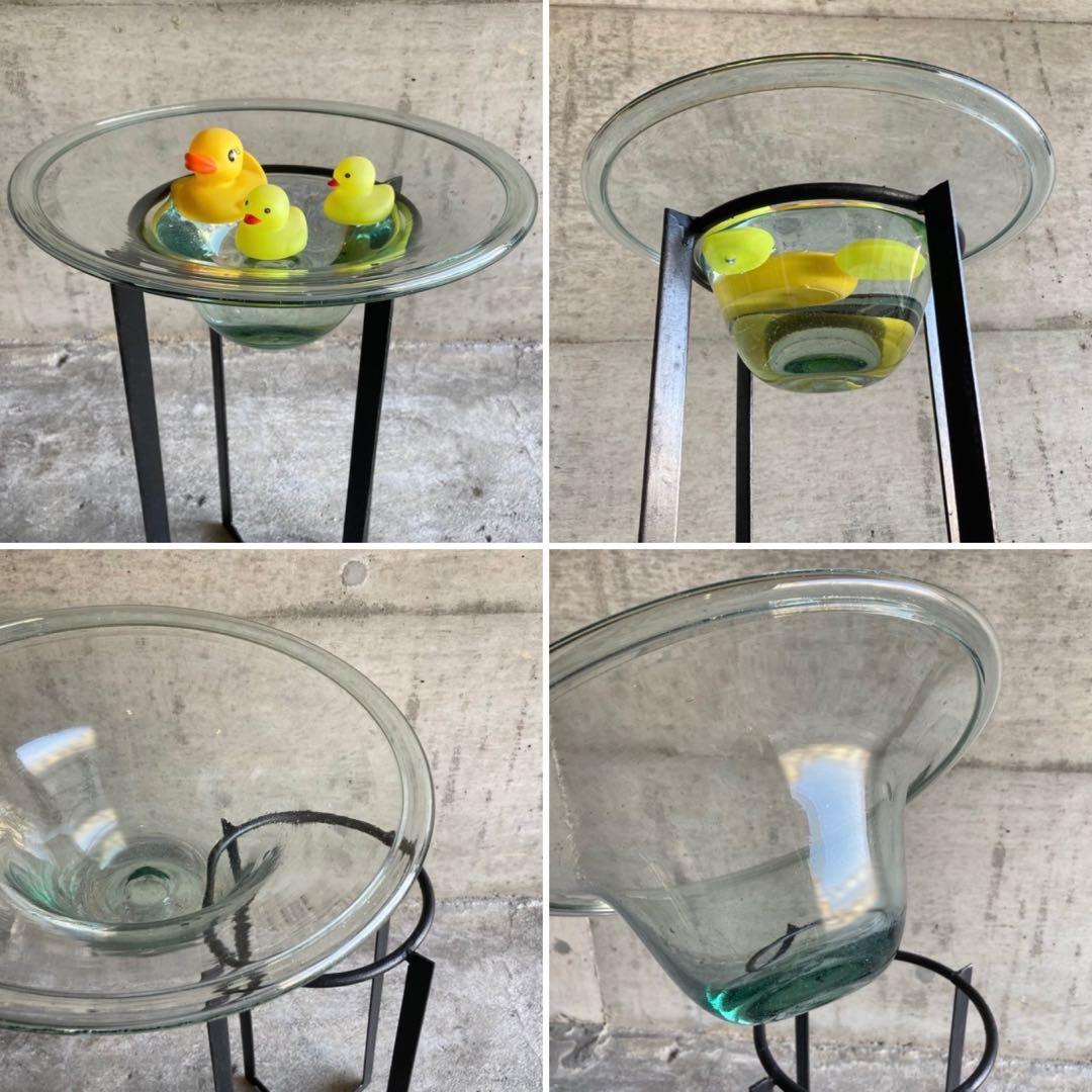 置物 オブジェ 花器 鉢 水盤 ガラス アイアン スタンド 台付 脚付き レトロ
