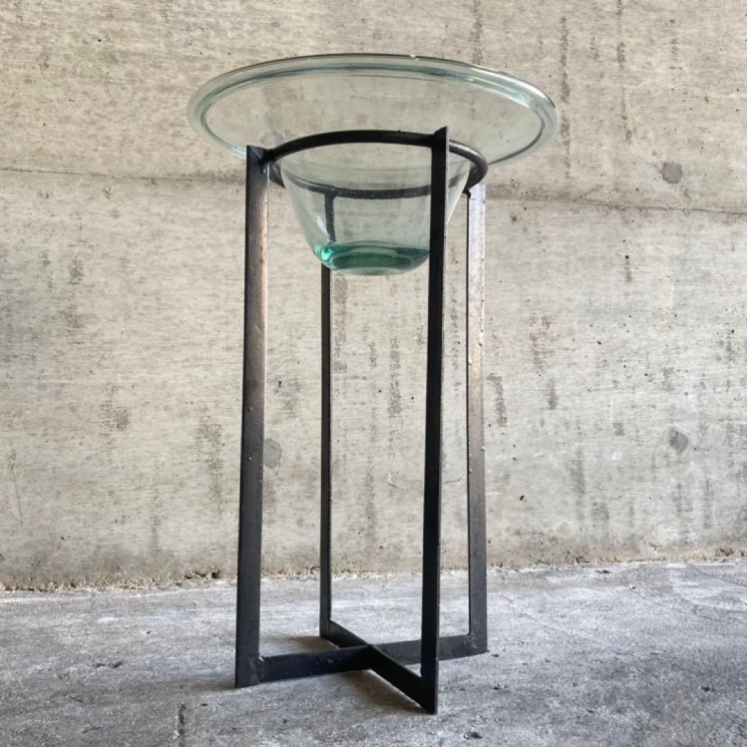 置物 オブジェ 花器 鉢 水盤 ガラス アイアン スタンド 台付 脚付き レトロ