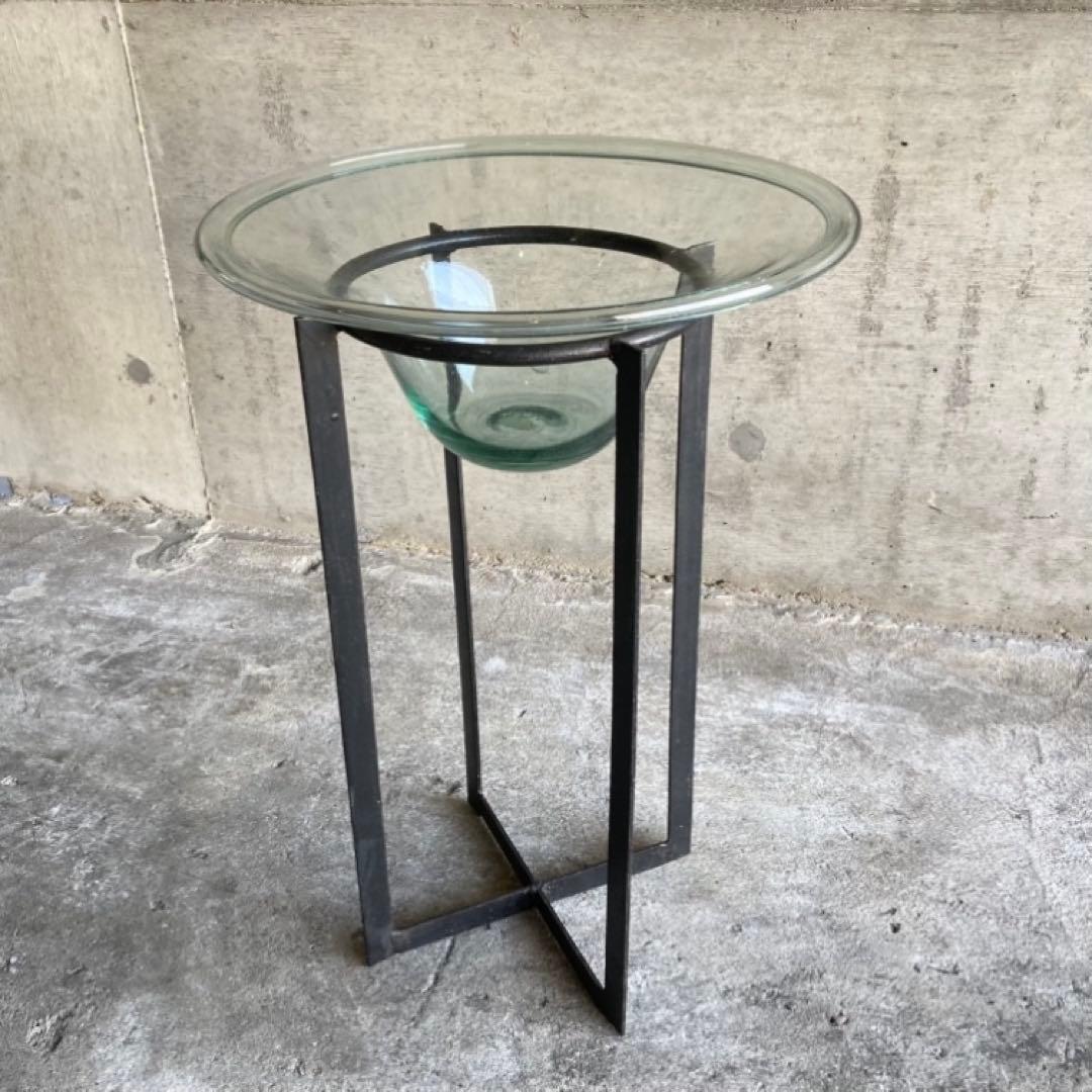 置物 オブジェ 花器 鉢 水盤 ガラス アイアン スタンド 台付 脚付き レトロ