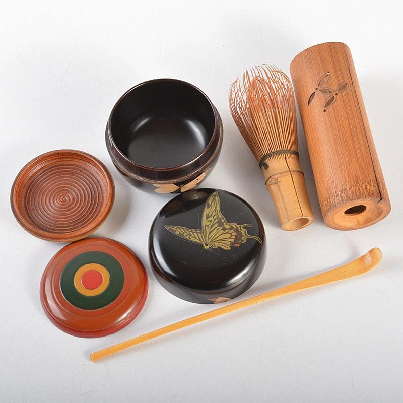 クローバー　利休茶箱赤絵竹花文茶碗棗など八点　一式　仕覆付　M　R7184