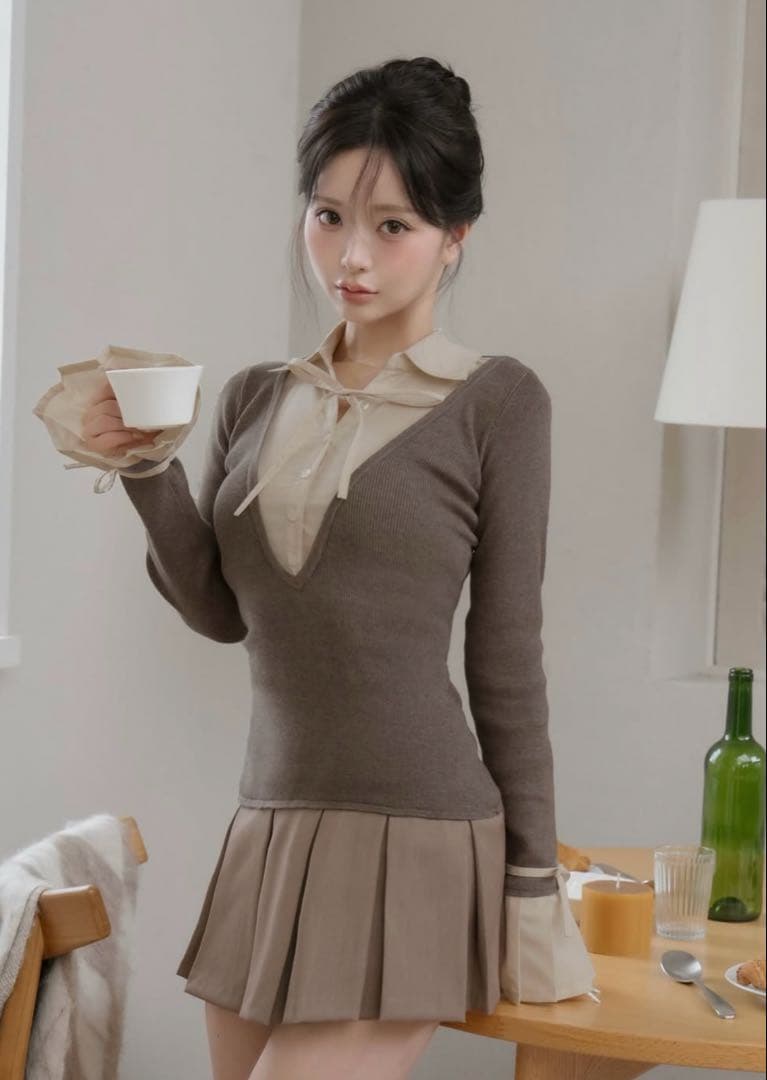 シャツドッキングプリーツミニワンピース　MOC