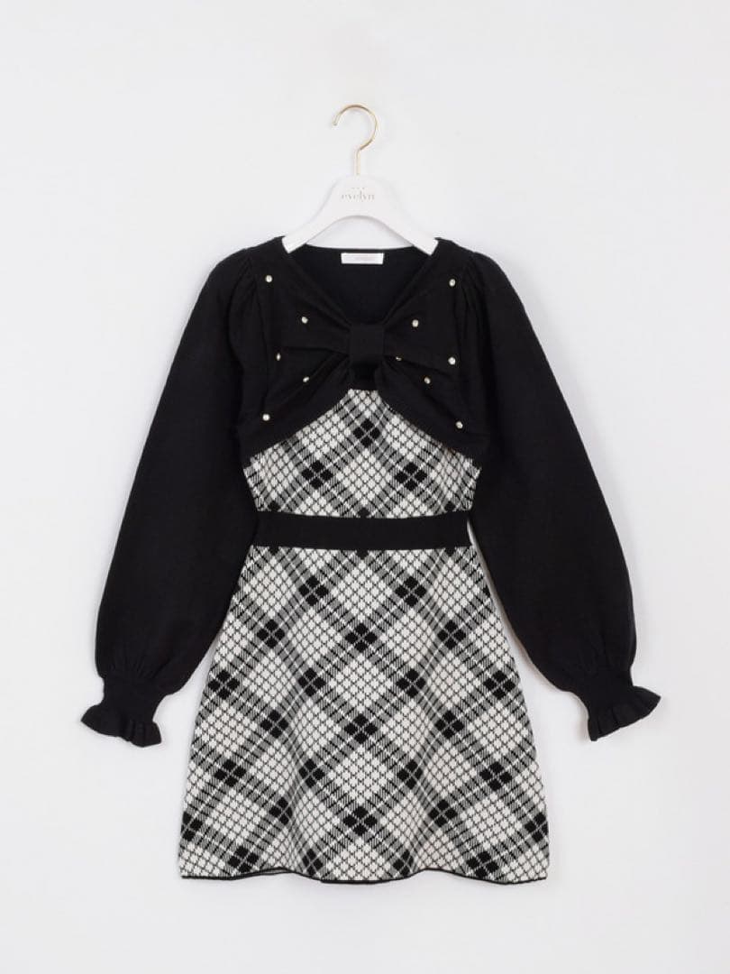 evelyn ワンピース 長袖チェックリボンニット