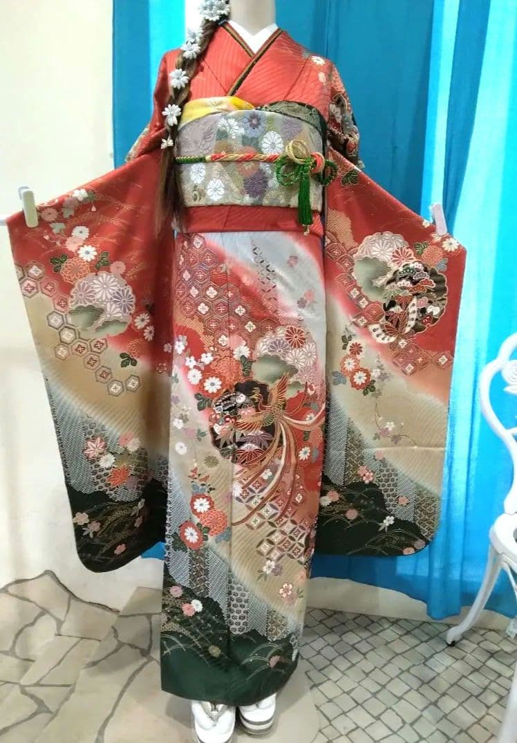 【新春】振袖フルセット、正絹振袖成人式、重ね衿帯揚げ帯締め、西陣唐織袋帯、襦袢
