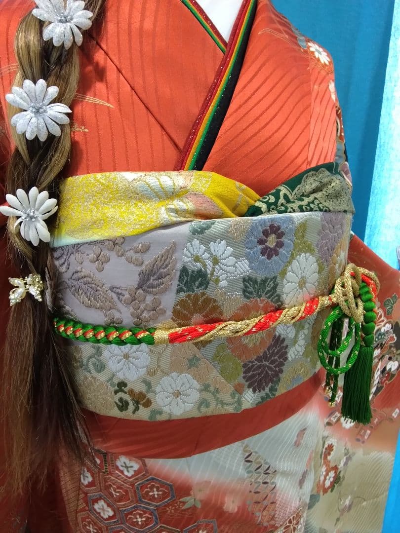 【新春】振袖フルセット、正絹振袖成人式、重ね衿帯揚げ帯締め、西陣唐織袋帯、襦袢