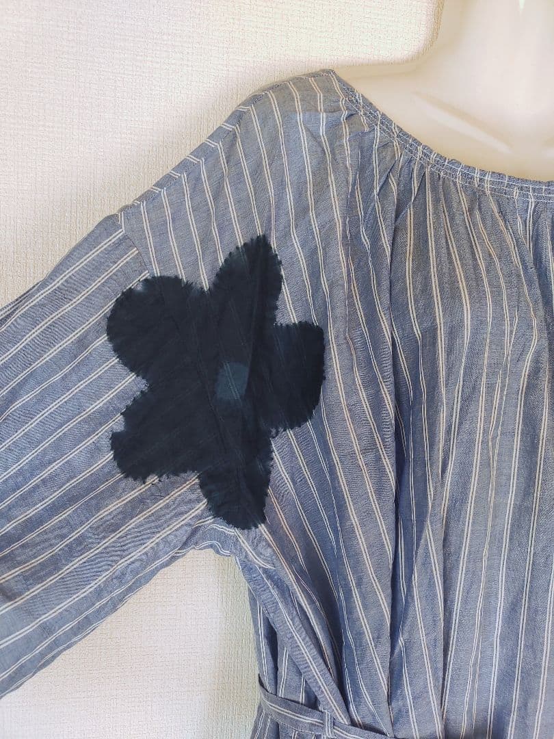 新品　琉球藍染工房　ストライプ紺花シャツワンピース　ロング丈　ウエストリボン付き