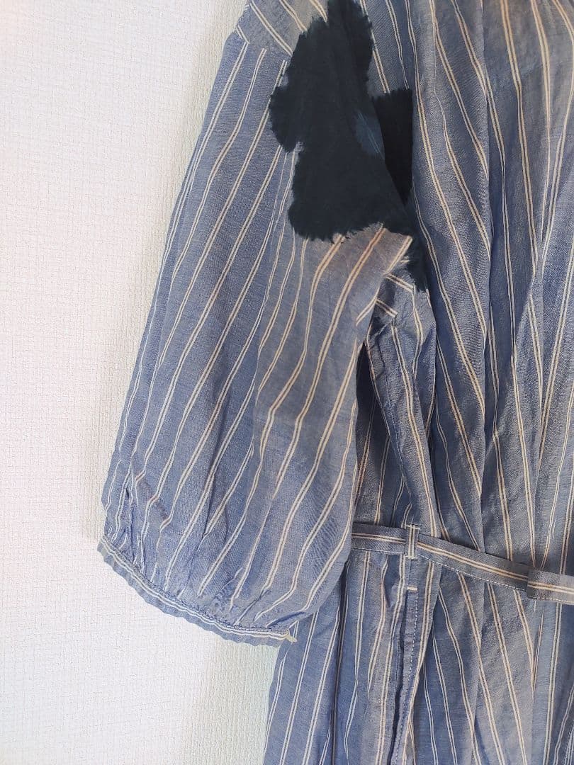 新品　琉球藍染工房　ストライプ紺花シャツワンピース　ロング丈　ウエストリボン付き