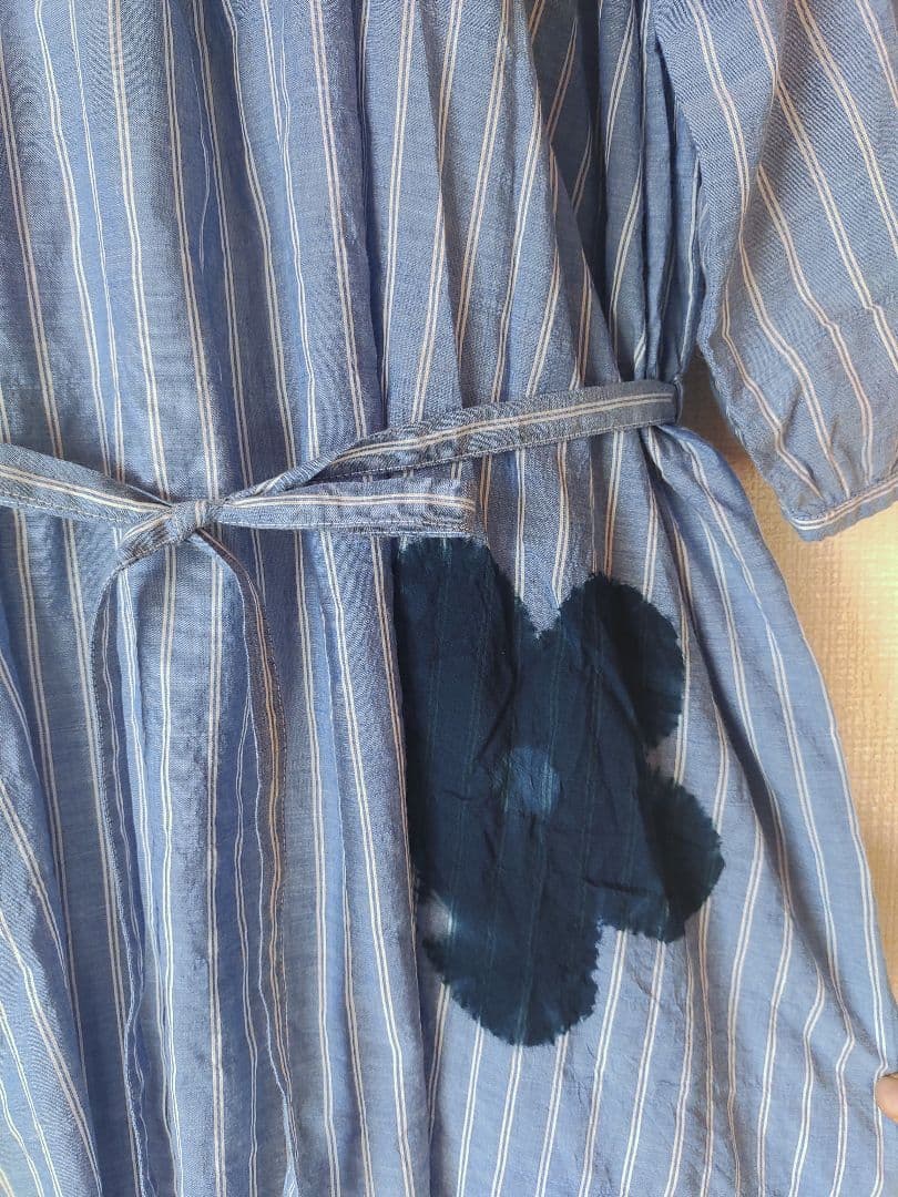 新品　琉球藍染工房　ストライプ紺花シャツワンピース　ロング丈　ウエストリボン付き