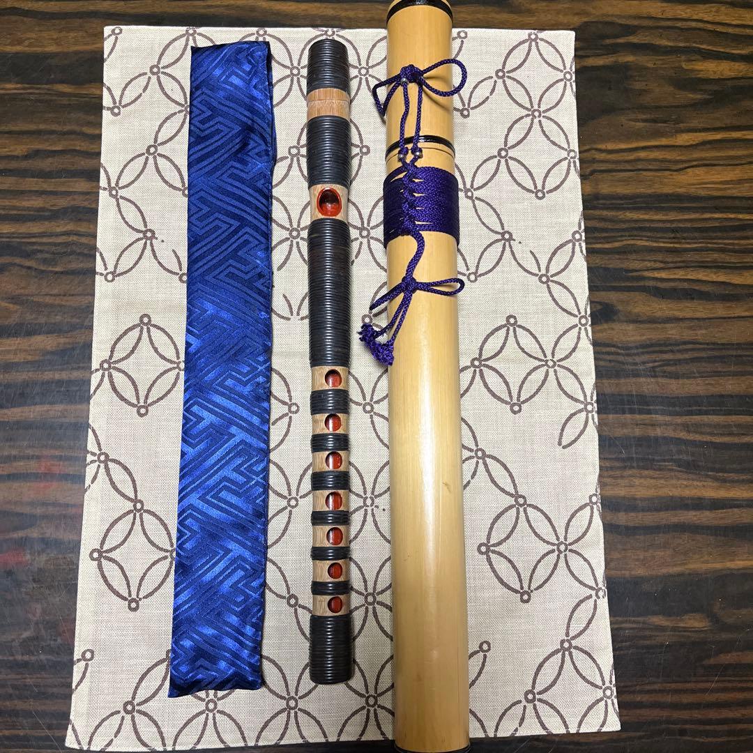 ①天然煤竹　８割り管籐巻龍笛　ケース、笛袋付