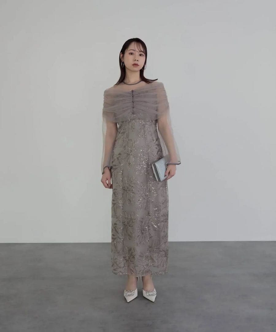 Leja グレー 刺繍入りロングドレス