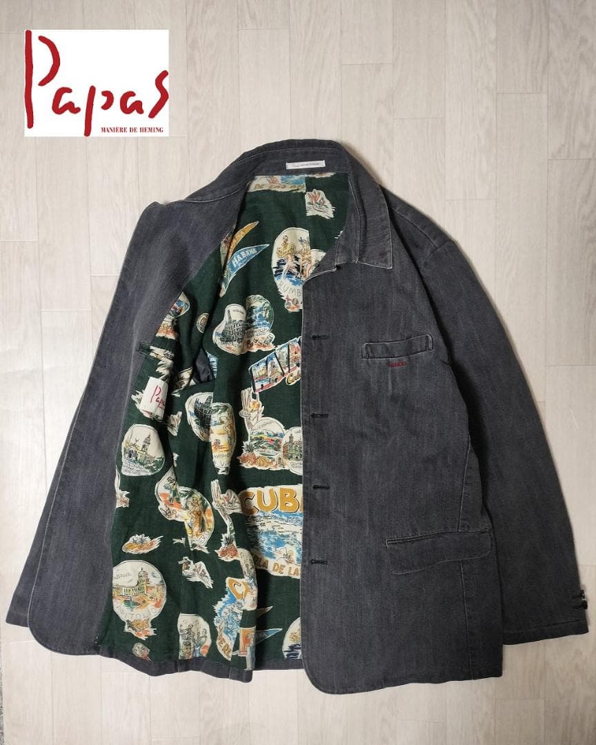 パパス/リネン混デニムカバーオール裏地南国プリント総柄ロゴ刺繍ゆったりシルエット