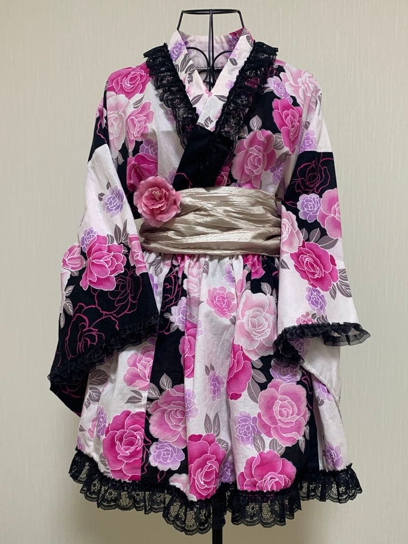 浴衣ドレス　姫ギャル　地雷　量産　平成　花柄　レース　かわいい　黒　ピンク　バラ