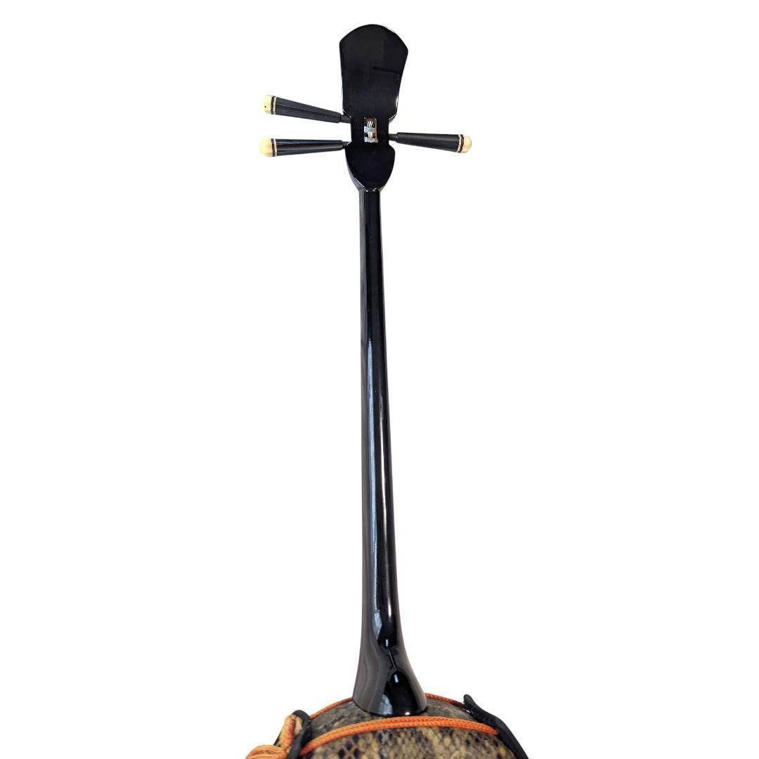 【極美品】沖縄 三線 本蛇革 強化張り 黒塗り棹 蛇皮 ハードケース 爪