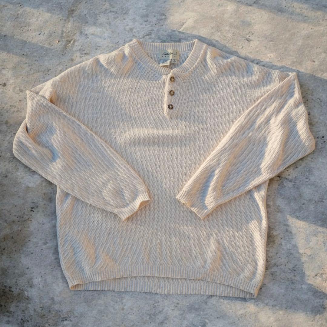 美品 USA製 90s Eddie Bauer ヘンリーネックニット 白タグ