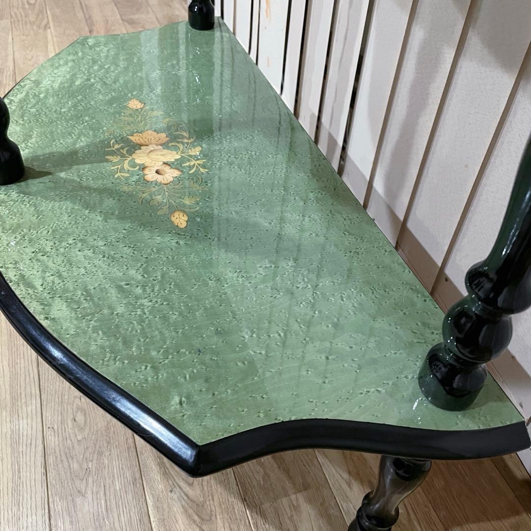 イタリア製　ビンテージ　コンソール　テーブル　象嵌　花柄　装飾　半月型　木製　緑