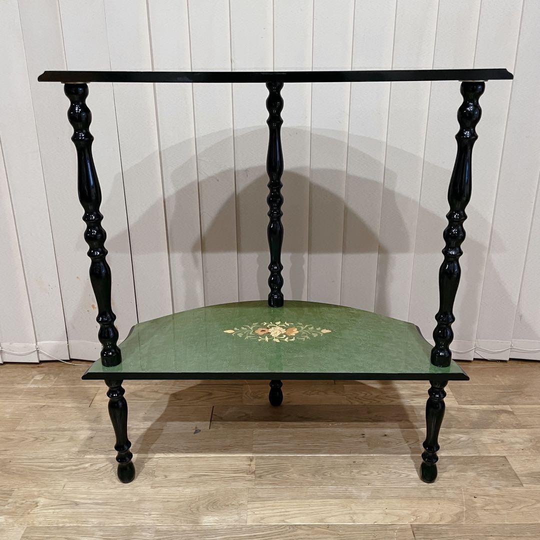 イタリア製　ビンテージ　コンソール　テーブル　象嵌　花柄　装飾　半月型　木製　緑