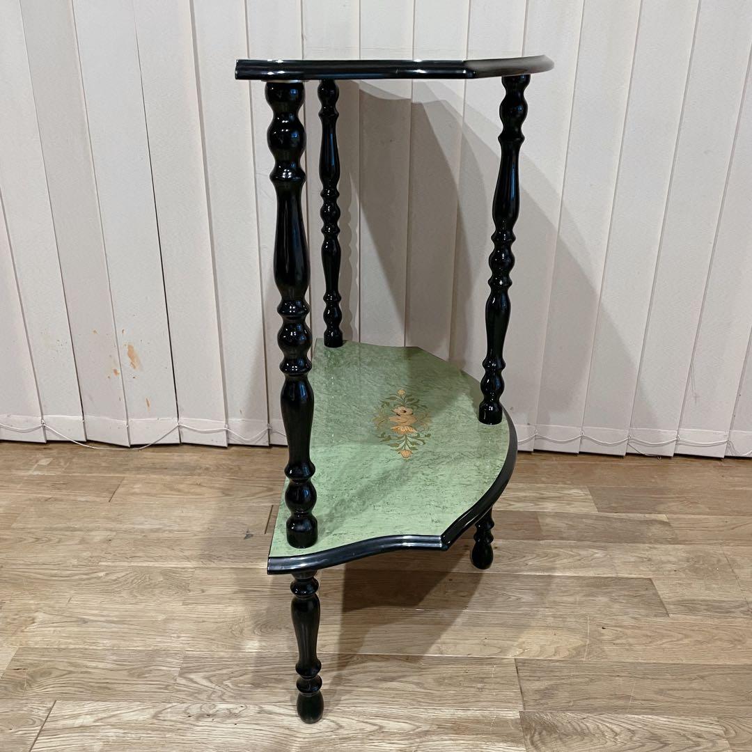 イタリア製　ビンテージ　コンソール　テーブル　象嵌　花柄　装飾　半月型　木製　緑