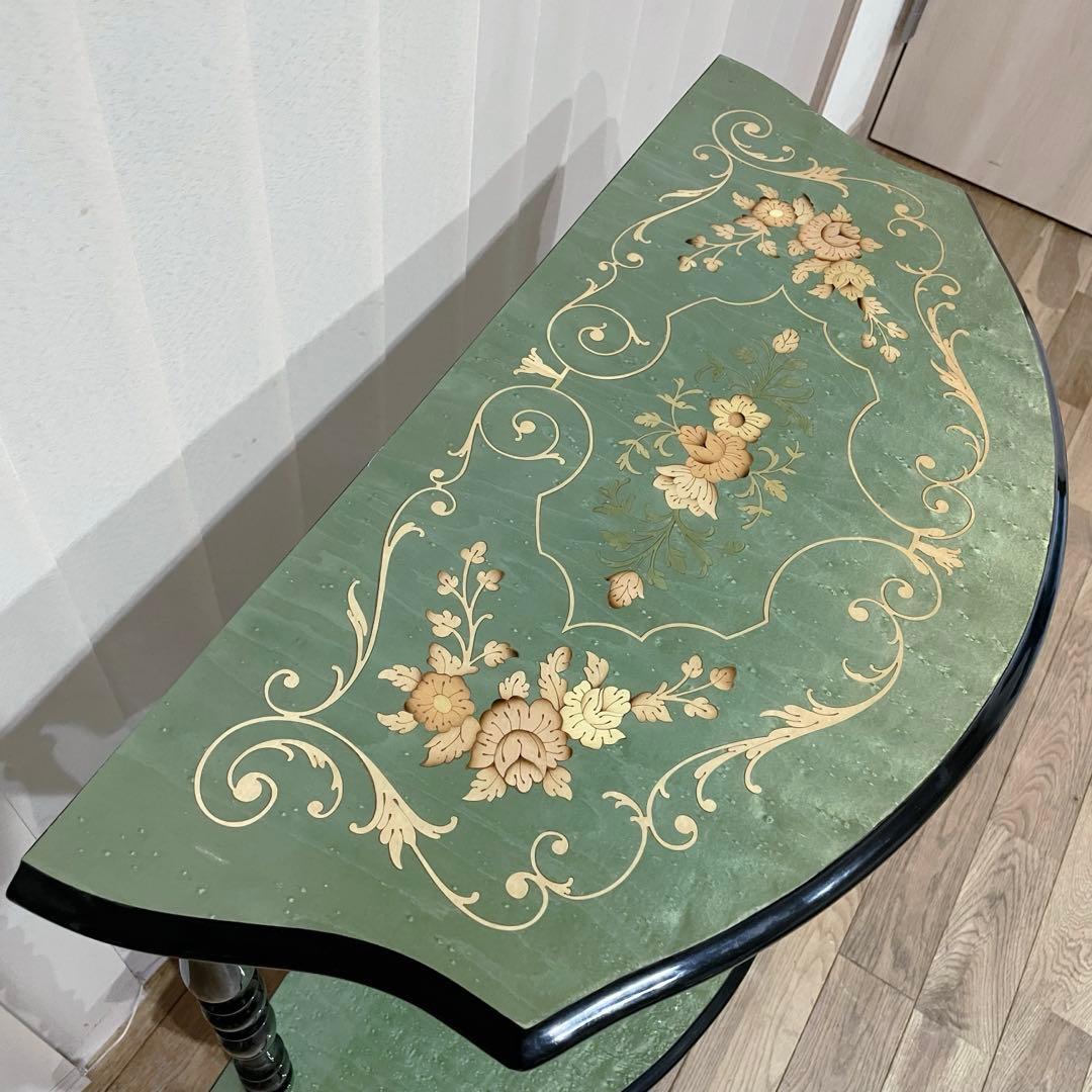 イタリア製　ビンテージ　コンソール　テーブル　象嵌　花柄　装飾　半月型　木製　緑