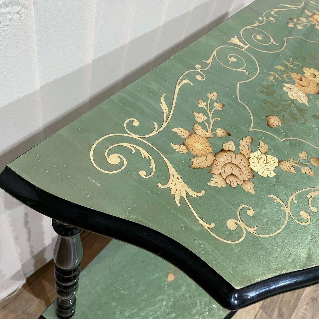 イタリア製　ビンテージ　コンソール　テーブル　象嵌　花柄　装飾　半月型　木製　緑