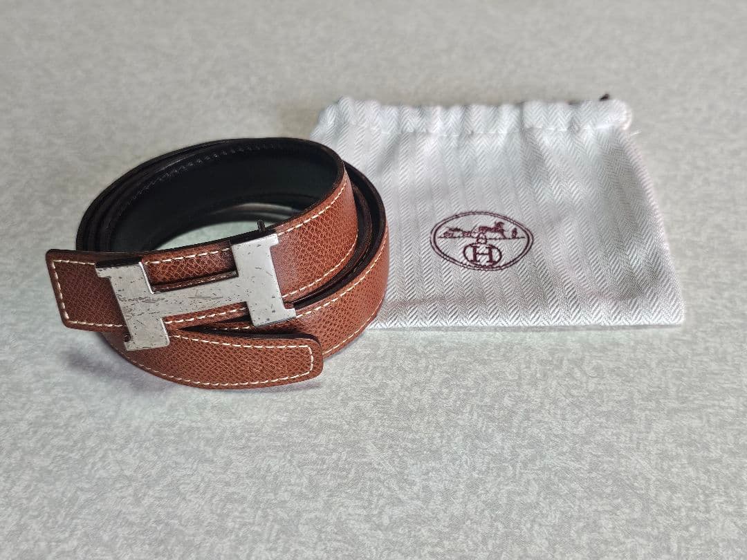 エルメス H型バックル リバーシブルレザーベルト 保存袋付き 87cm