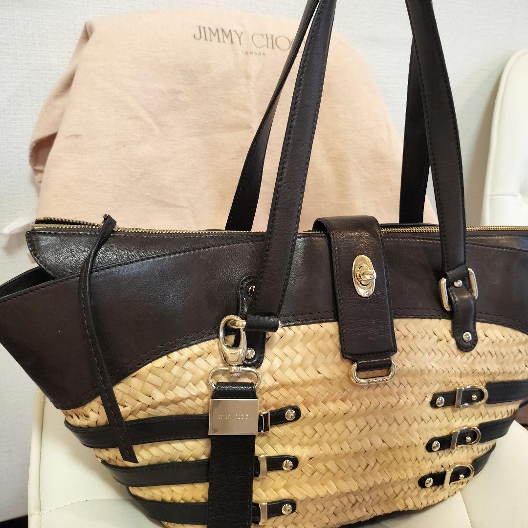 美品 JIMMY CHOO ストロー レザー トートバッグ かごバッグ 舟形