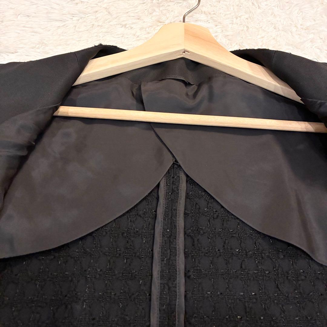 ANAYI ミックスツイード ノーカラー ハーフジャケット パールボタン 黒