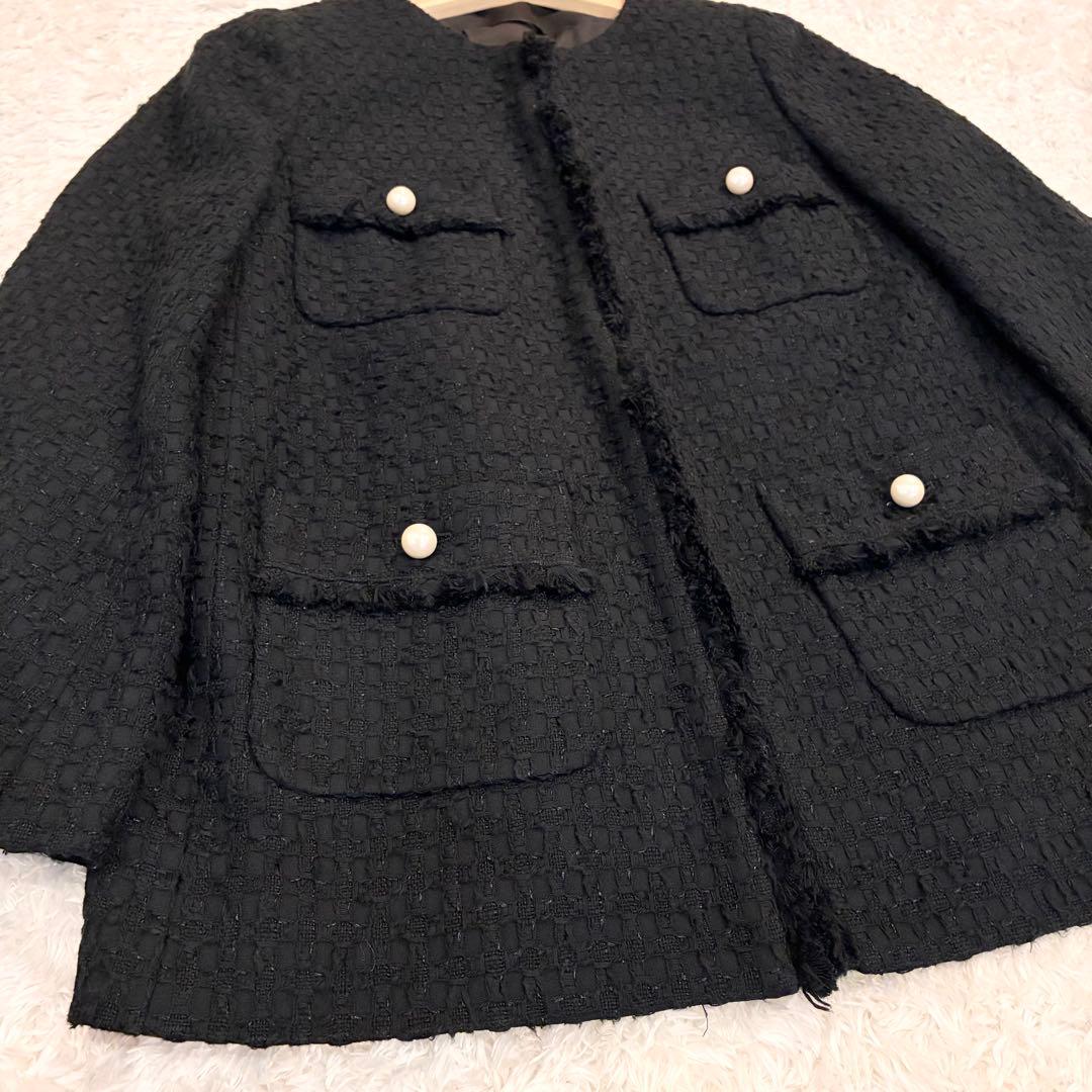 ANAYI ミックスツイード ノーカラー ハーフジャケット パールボタン 黒