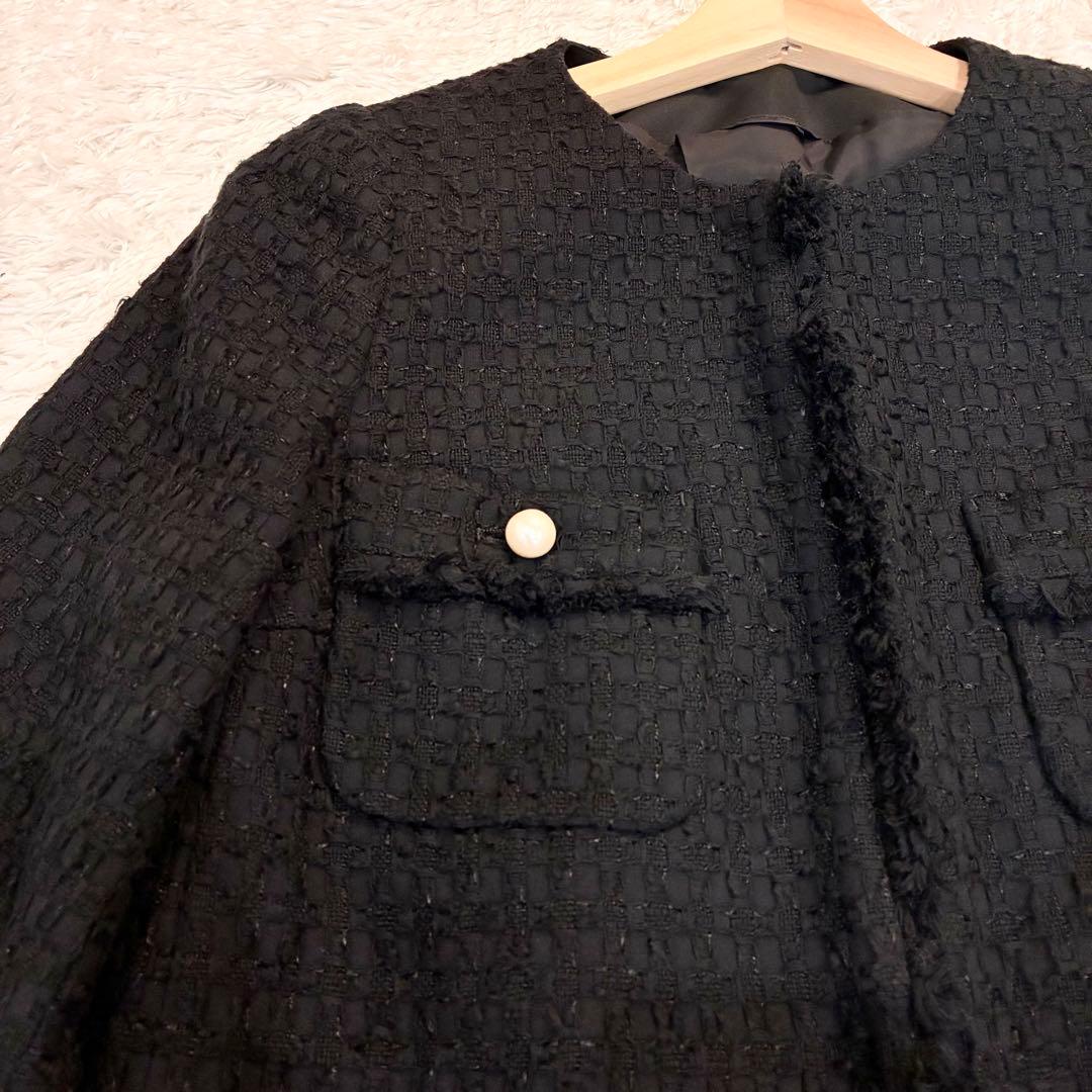 ANAYI ミックスツイード ノーカラー ハーフジャケット パールボタン 黒